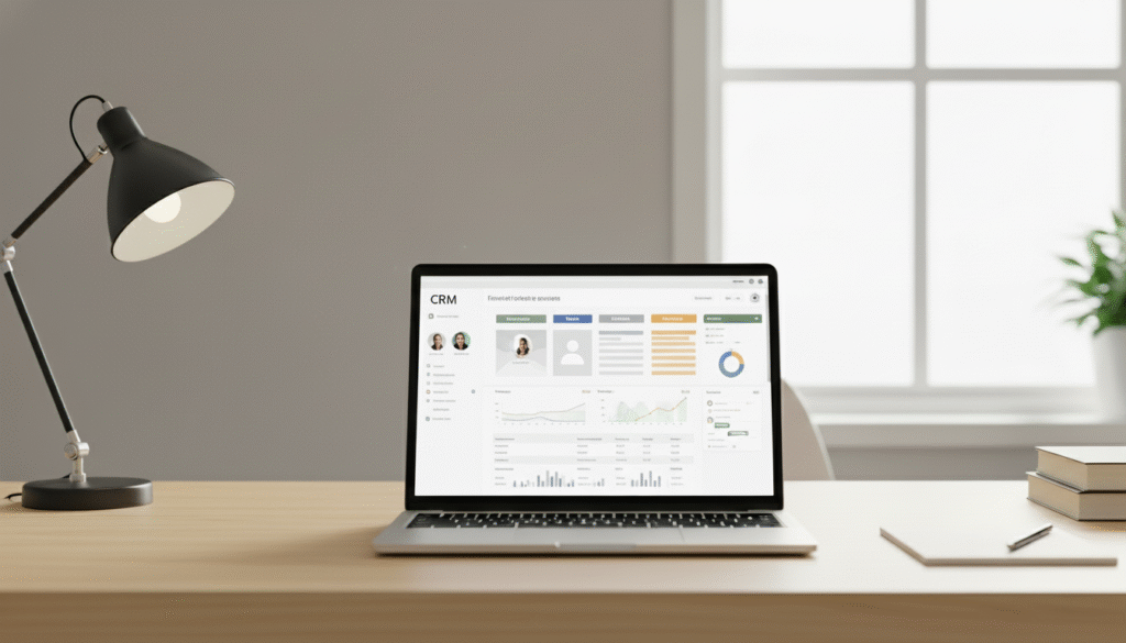 Ordinateur affichant un tableau de bord CRM sur un bureau moderne avec éléments visuels représentant le suivi client et le pipeline de ventes.