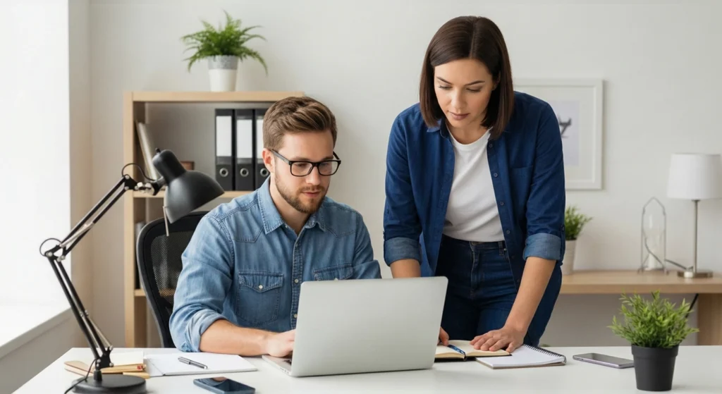 Photo professionnelle montrant des entrepreneurs et gestionnaires utilisant des outils numériques de productivité dans un bureau moderne.